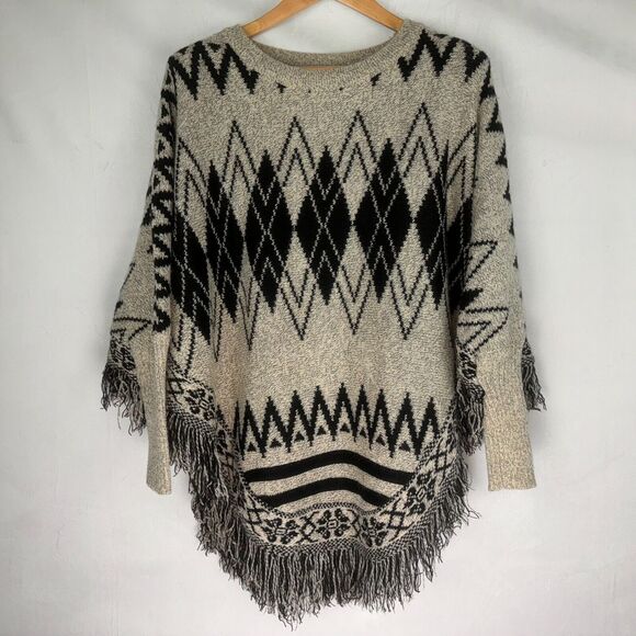 Color Swatch Sweaters - Color Swatch Poncho Sz S/M Black and Beige Geometric Print Sweater